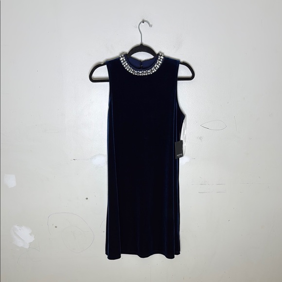 MARINA Navy Blue Polyester Blend Velvet Dress with Embellished Collar Size 8 NEW - Picture 1 of 8